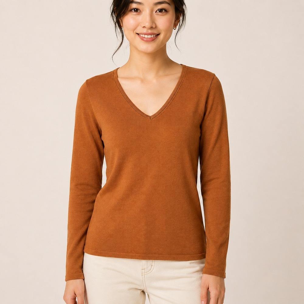 T Tahari Womens V-Neck Long Sleeve Knit Sweater Top Rust Brown XS